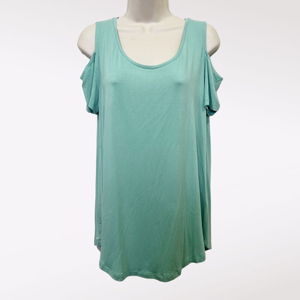 JM Collection Top Womens Size S Green Cold Shoulder Scoop Neck Rayon Stretch New